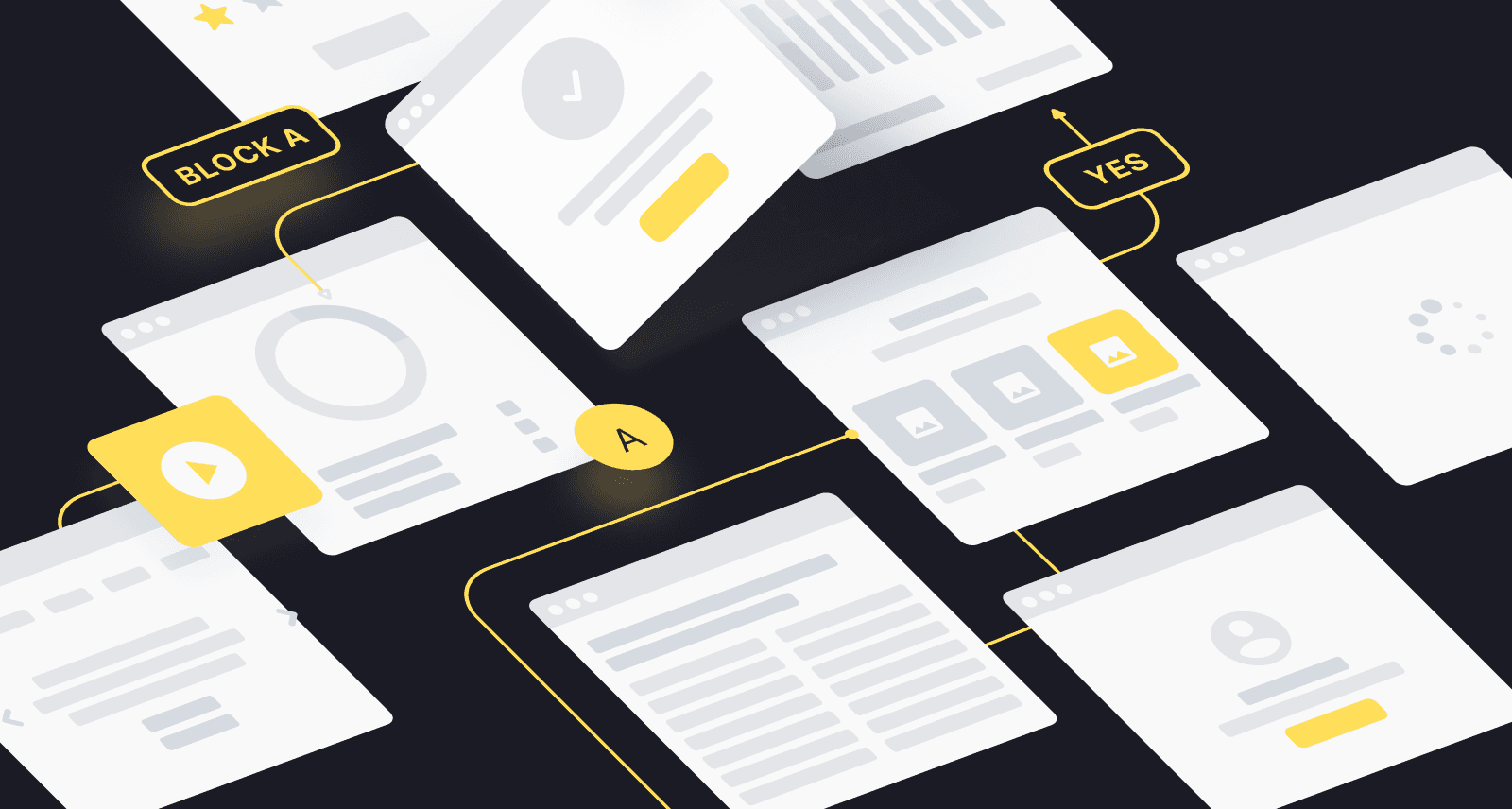 An abstract visual of interconnected UI screens, blocks, and navigation flows, representing the structure and testing of a B2B communication platform interface.
