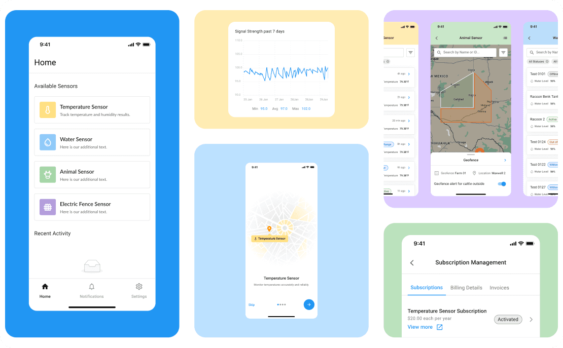 LoneStar Tracking app showing sensor dashboard, signal strength graph, map geofencing, and subscription management