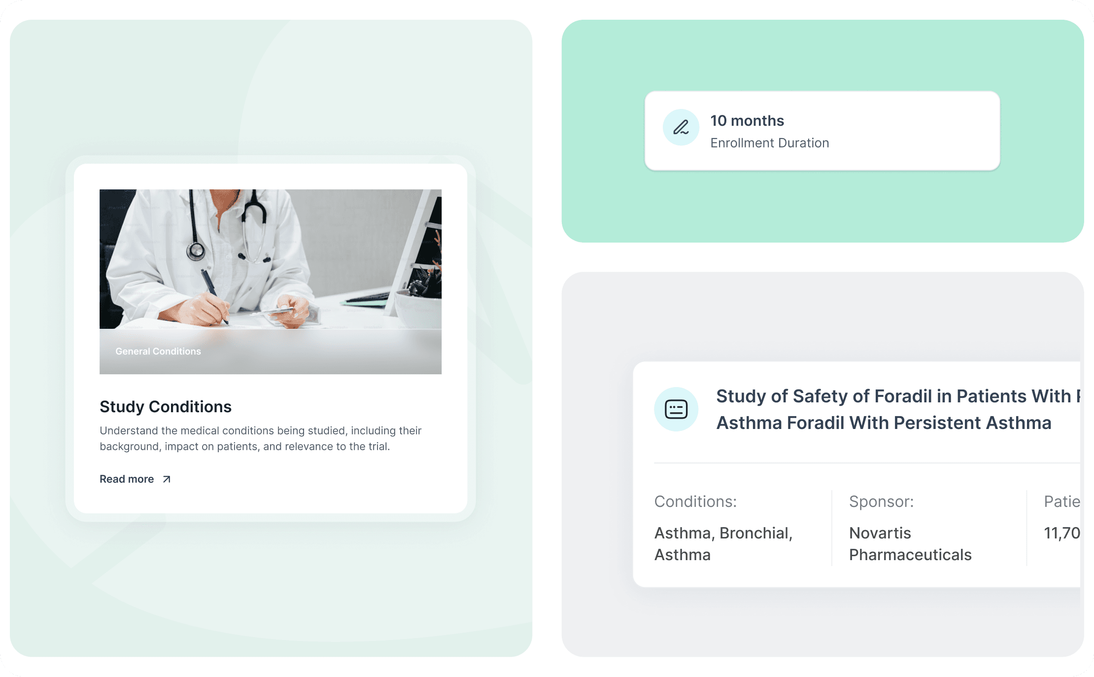 Composite UI showing a clinical trial study card