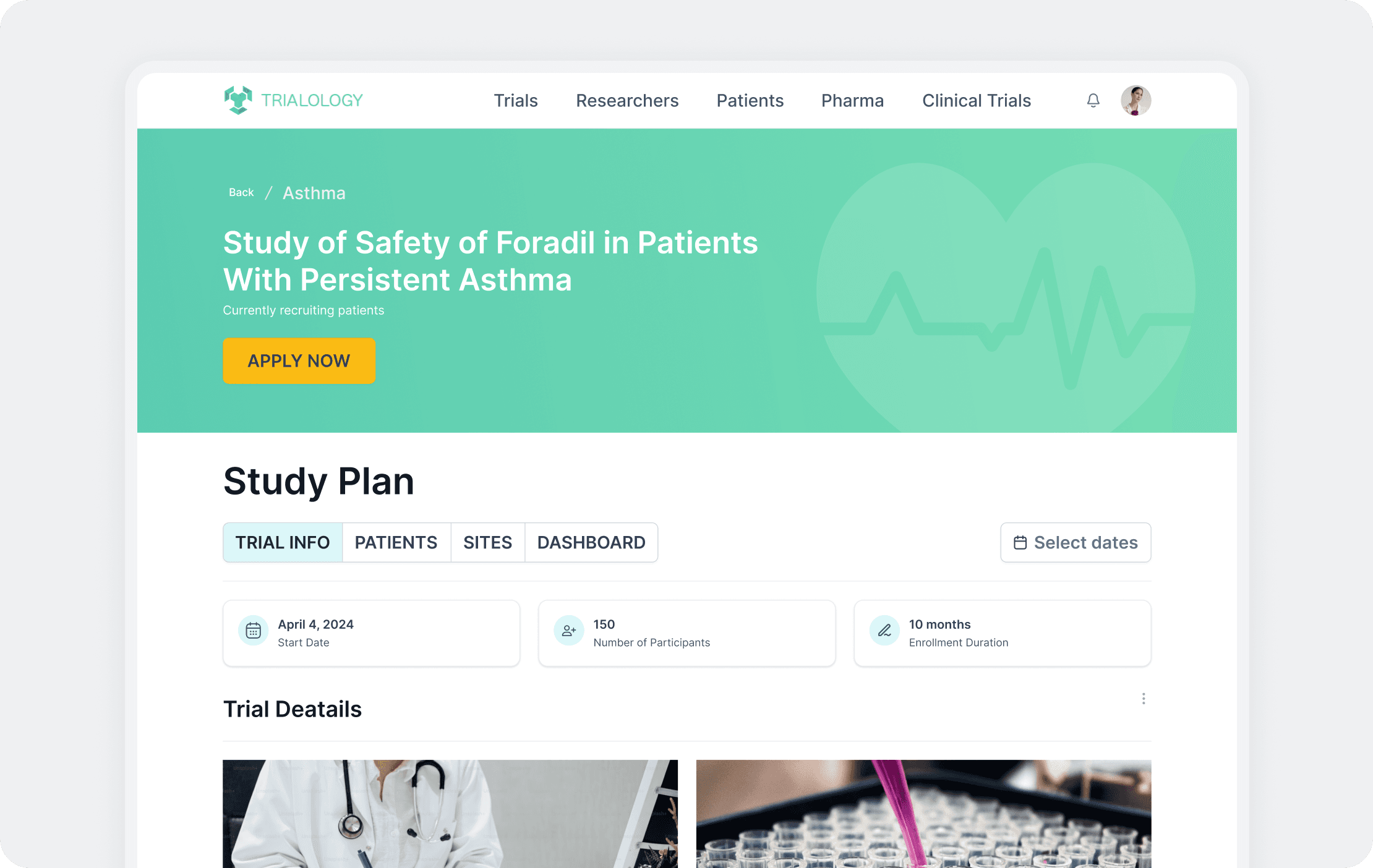 Trialology MVP interface designed by Honeycomb Software