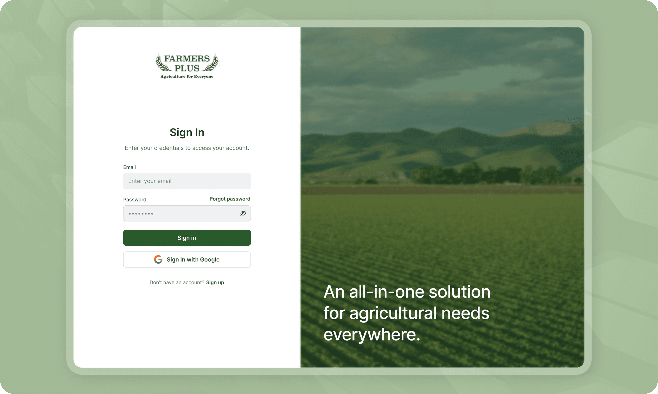 Login UI of MyFarmersPlus with agriculture-themed background and tagline “An all-in-one solution for agricultural needs everywhere”