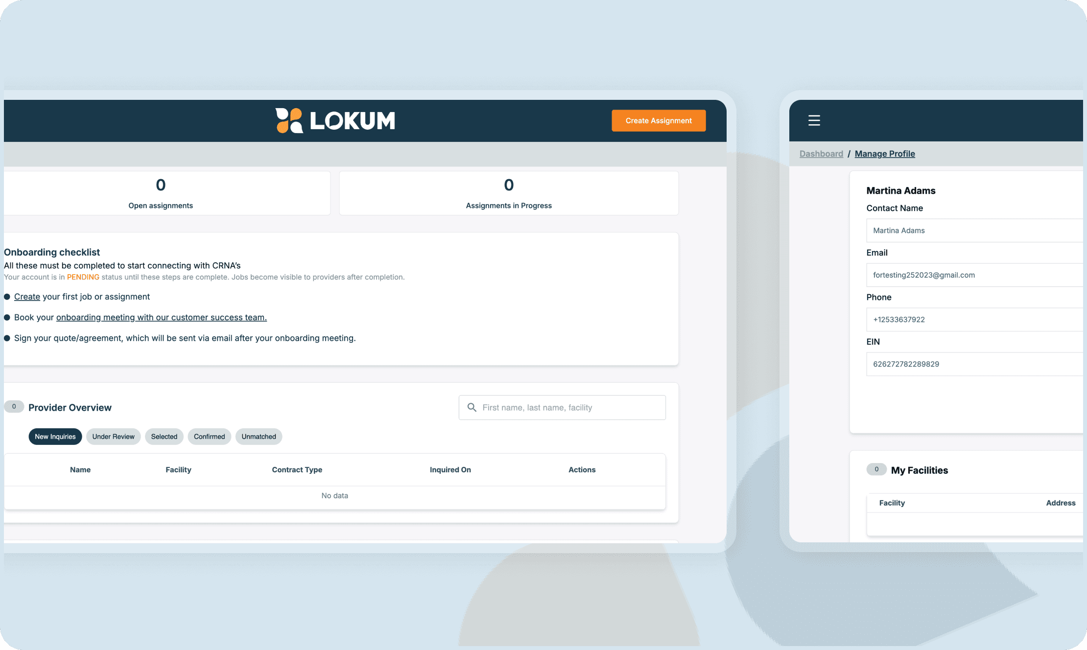 Lokum SaaS healthcare dashboard showing onboarding steps and provider profile settings
