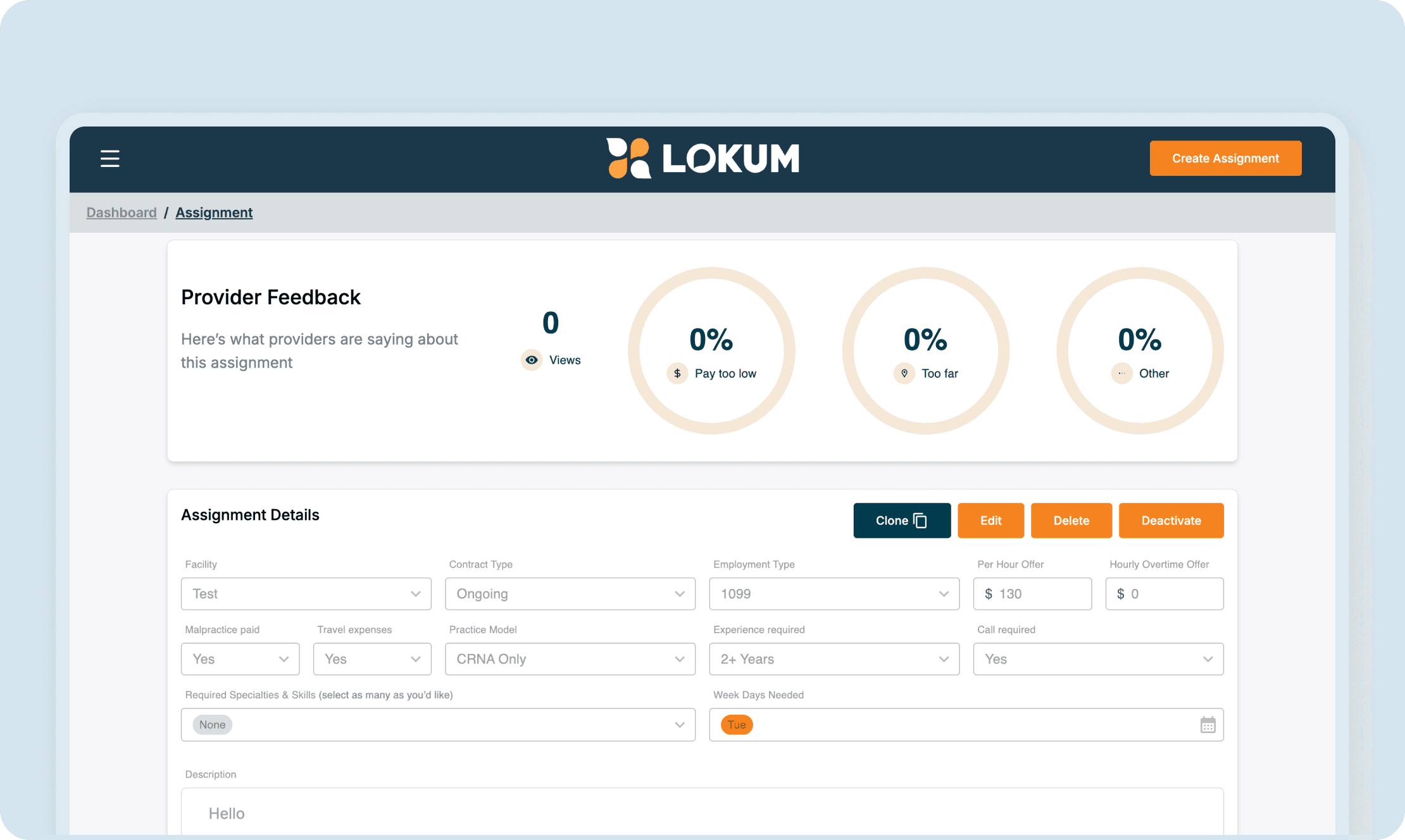Assignment details and feedback interface in Lokum SaaS staffing platform for CRNA jobs