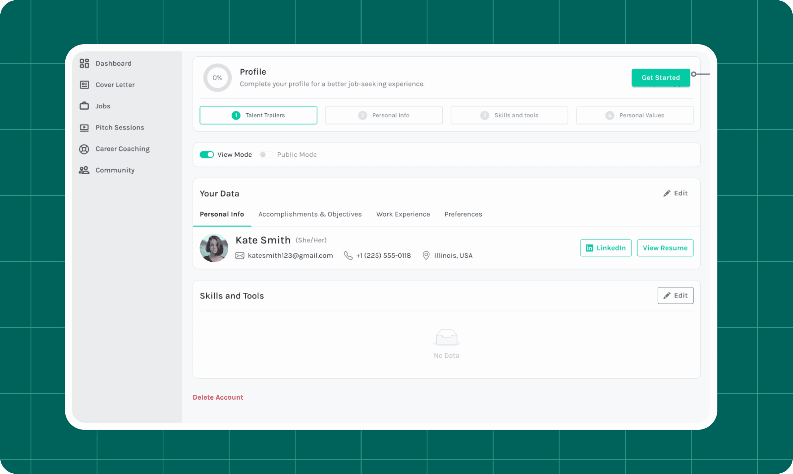 Candidate Profile Dashboard Interface