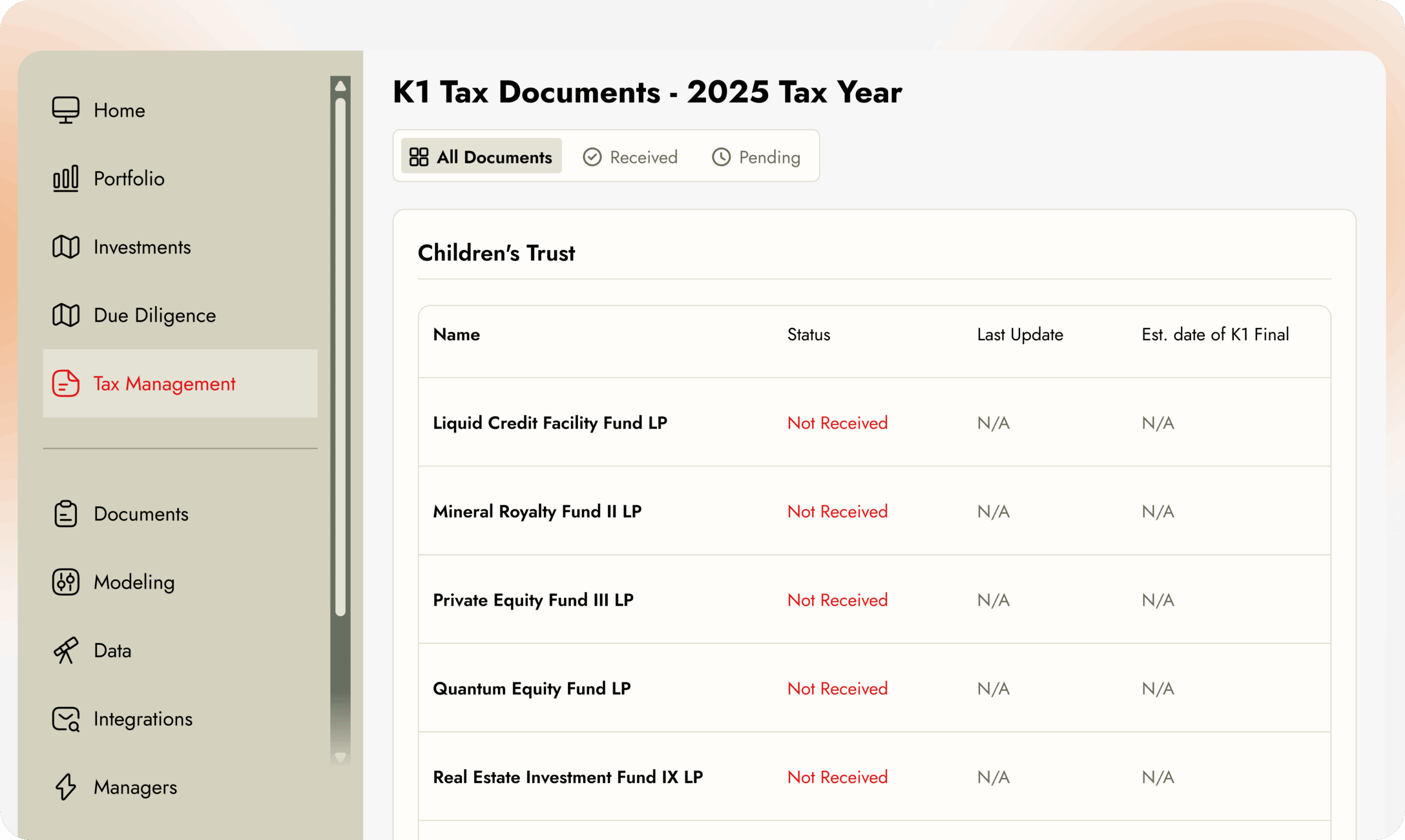 Tax document management dashboard showing K1 tax documents status, fund list, and document tracking interface