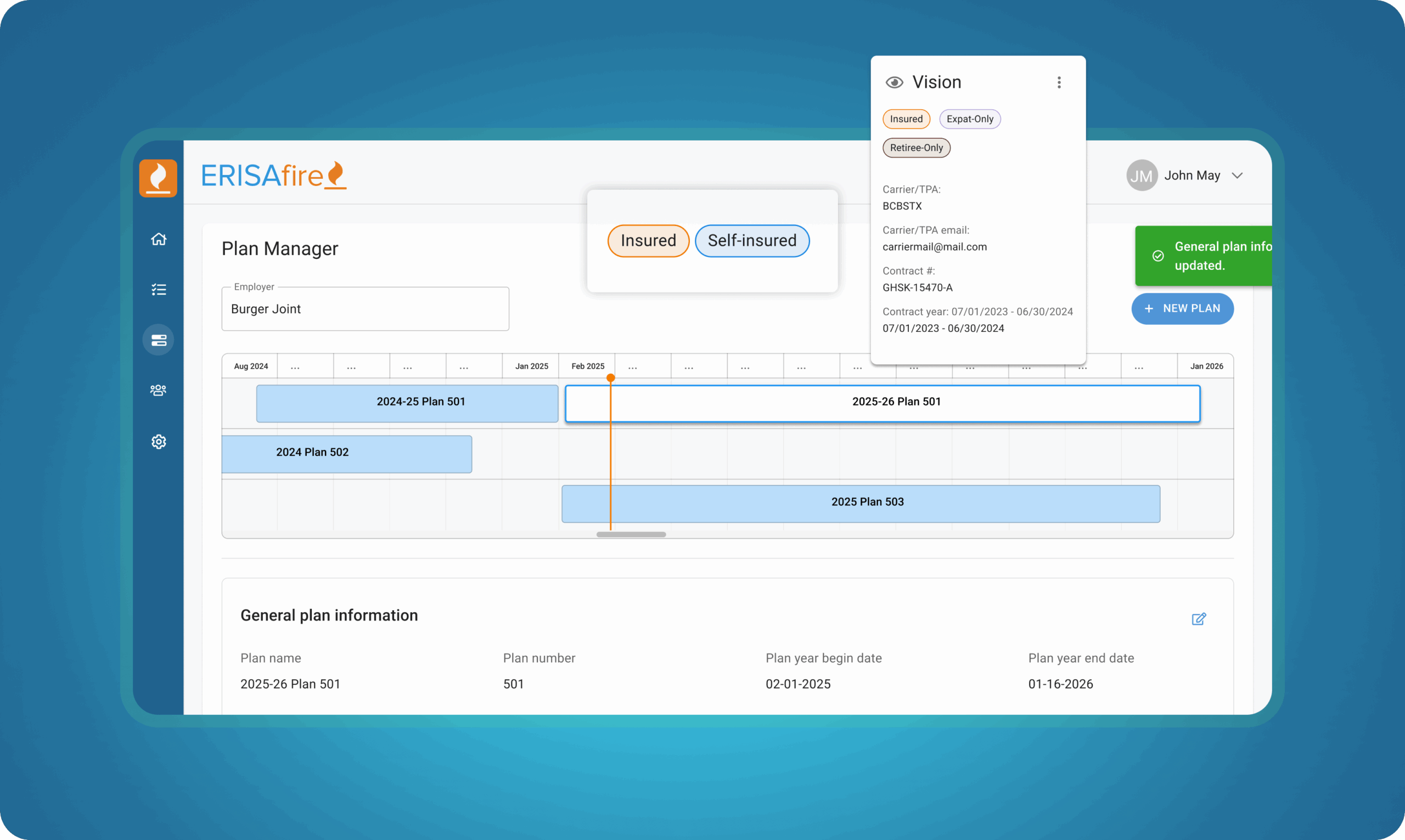 ERISAfire Plan Manager interface and insurance plan timeline