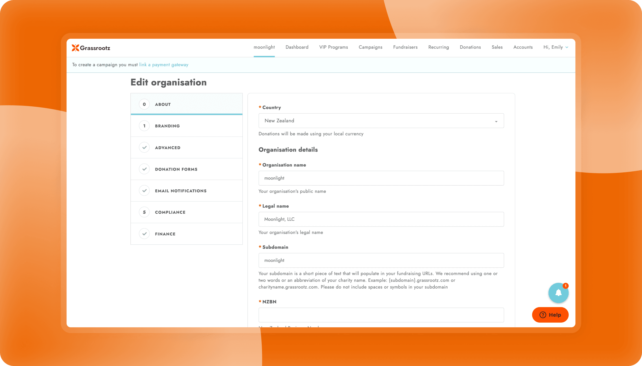 Grassrootz organization setup screen with branding, donation forms, and compliance settings