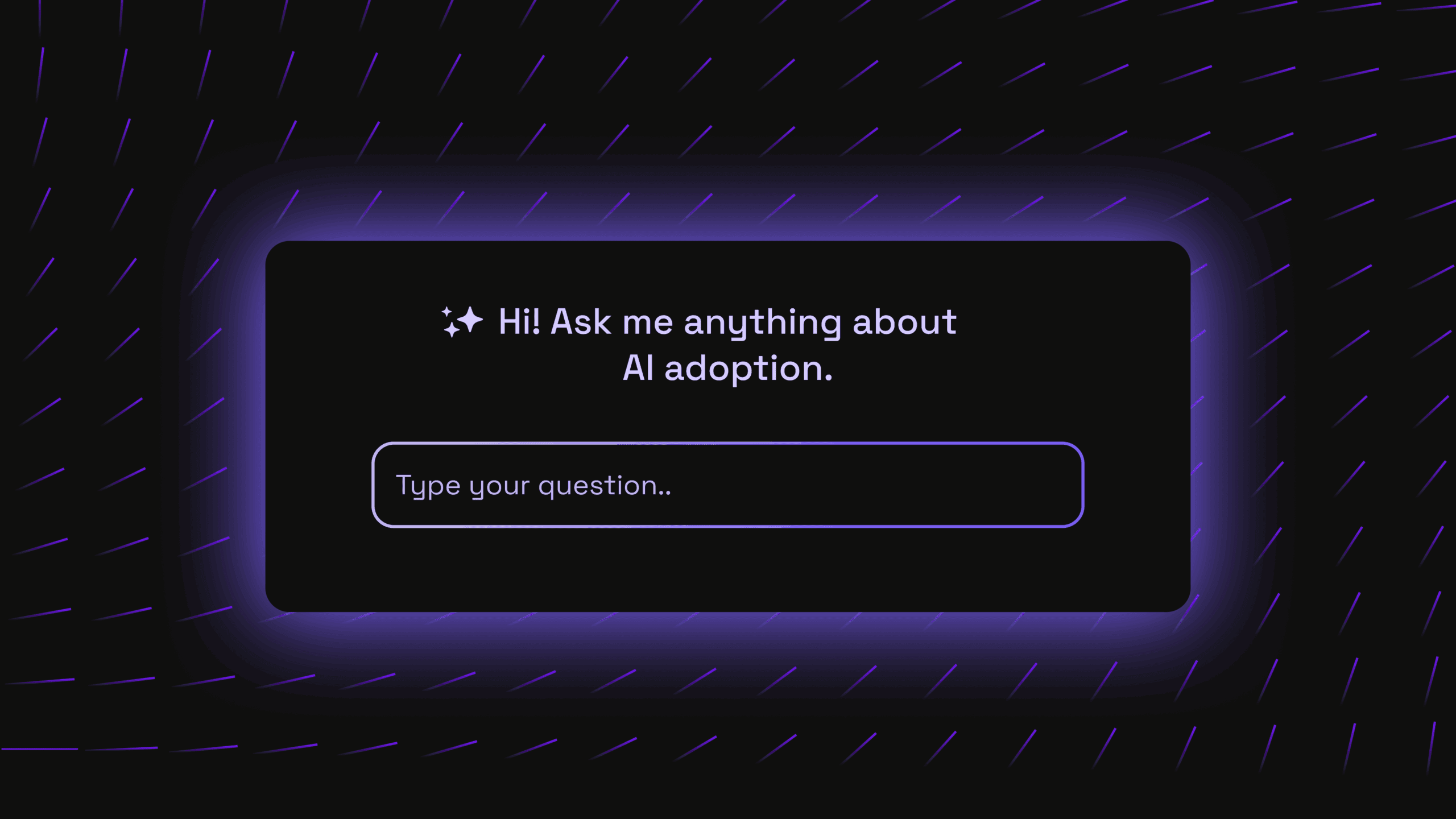 Laptop screen with text “Ask me anything about AI adoption” on a dark background