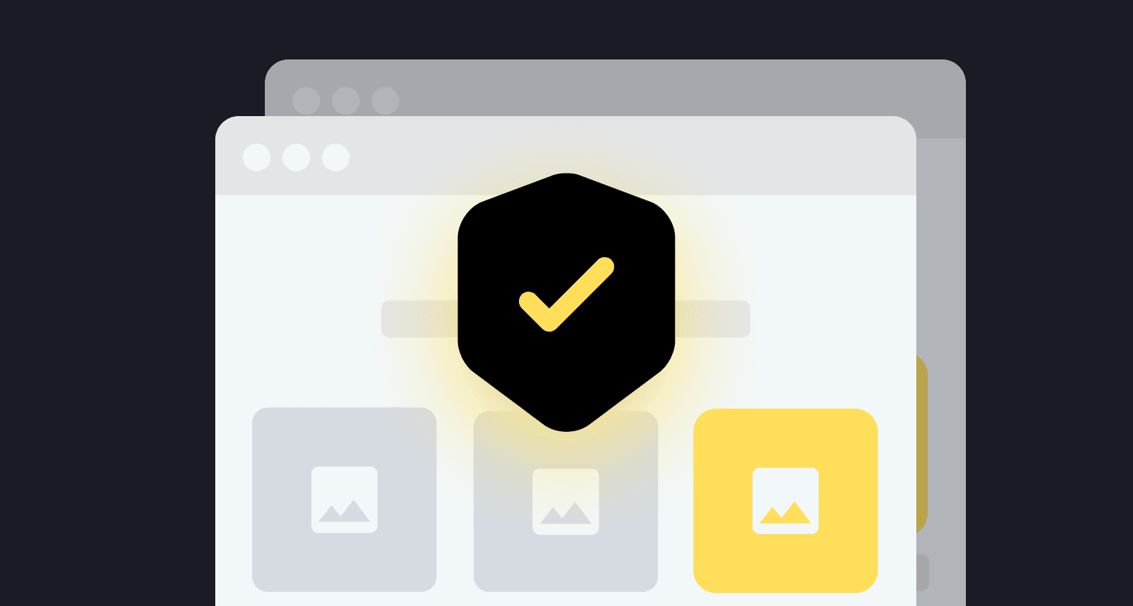 A glowing black shield with a yellow checkmark appears over overlapping web pages, symbolizing the assurance of software quality through professional QA.