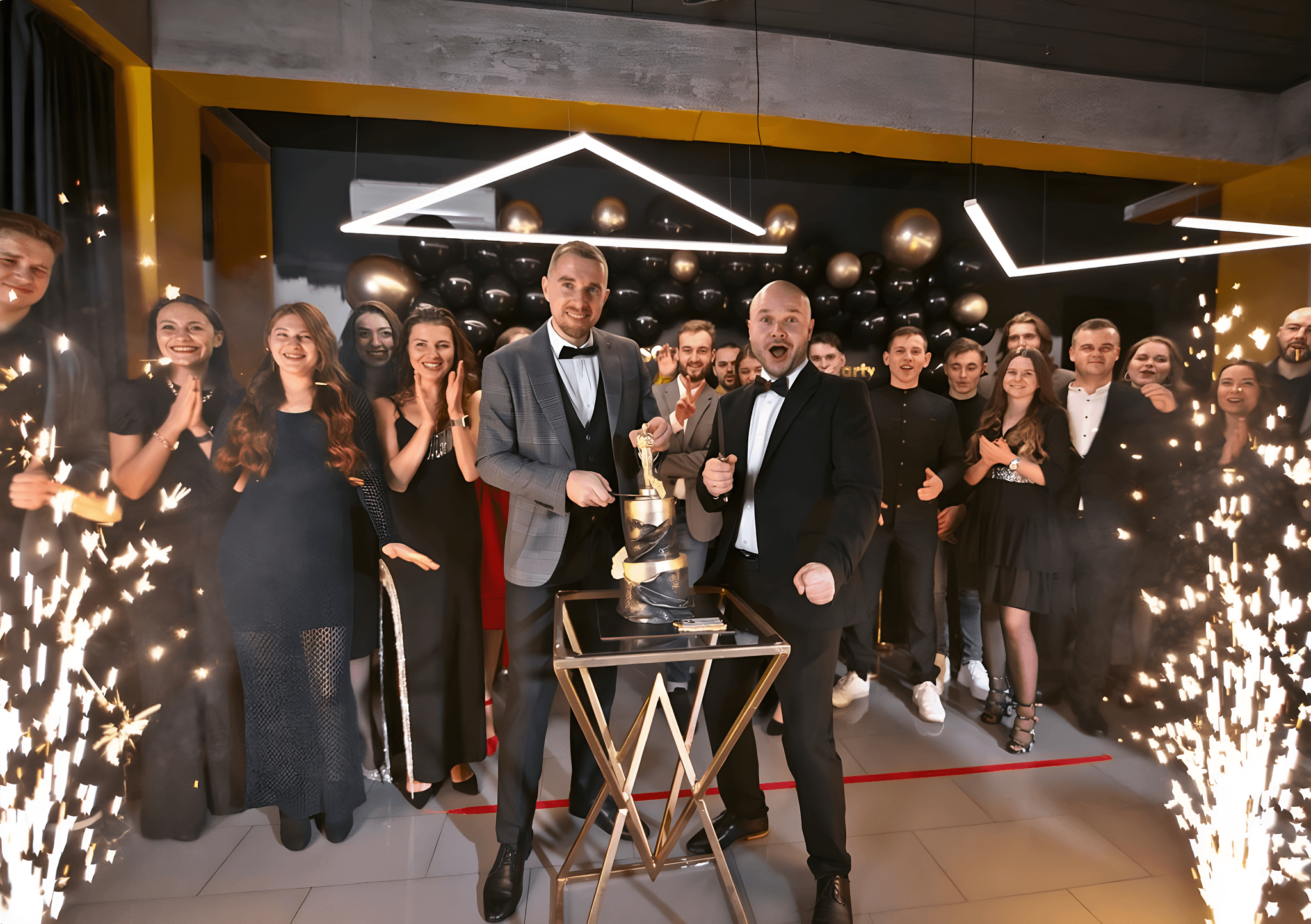 Honeycomb Software CEO, CTO, and team celebrating at a company event with cake and sparklers