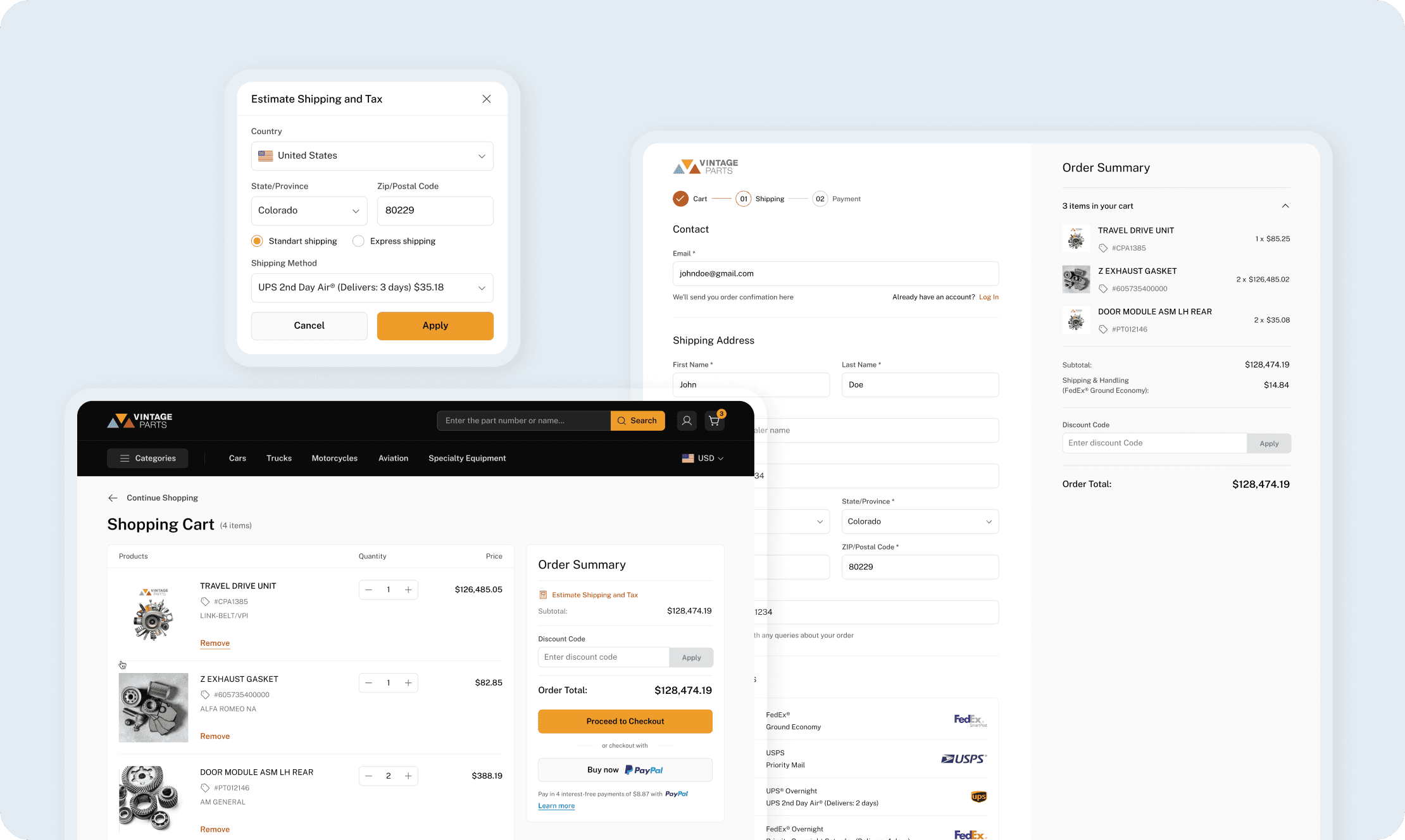 Checkout flow with shopping cart summary, shipping estimate, and order total for Vintage Parts ecommerce platform
