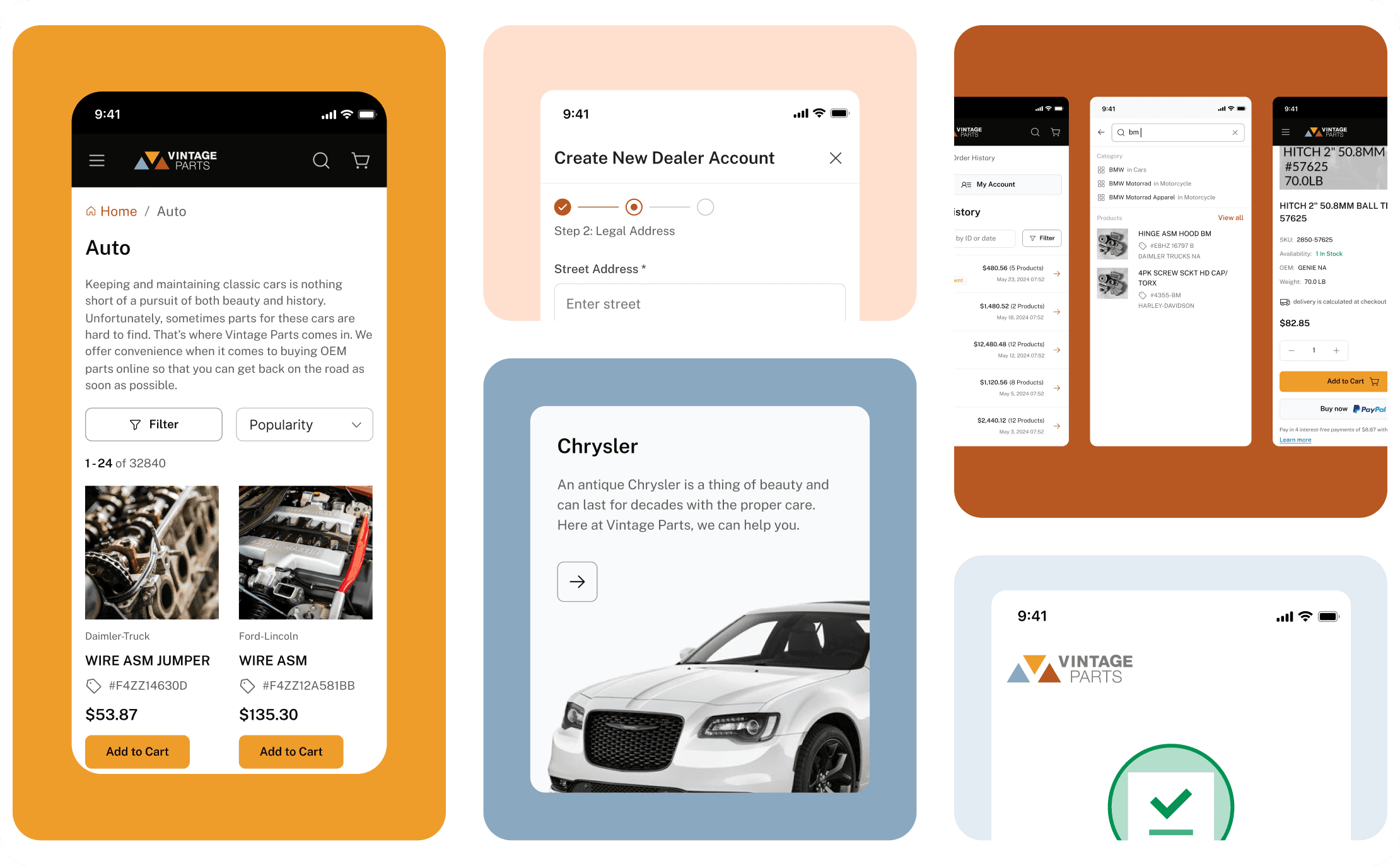Mobile view of Vintage Parts app showing classic car parts, dealer account creation, and product search results