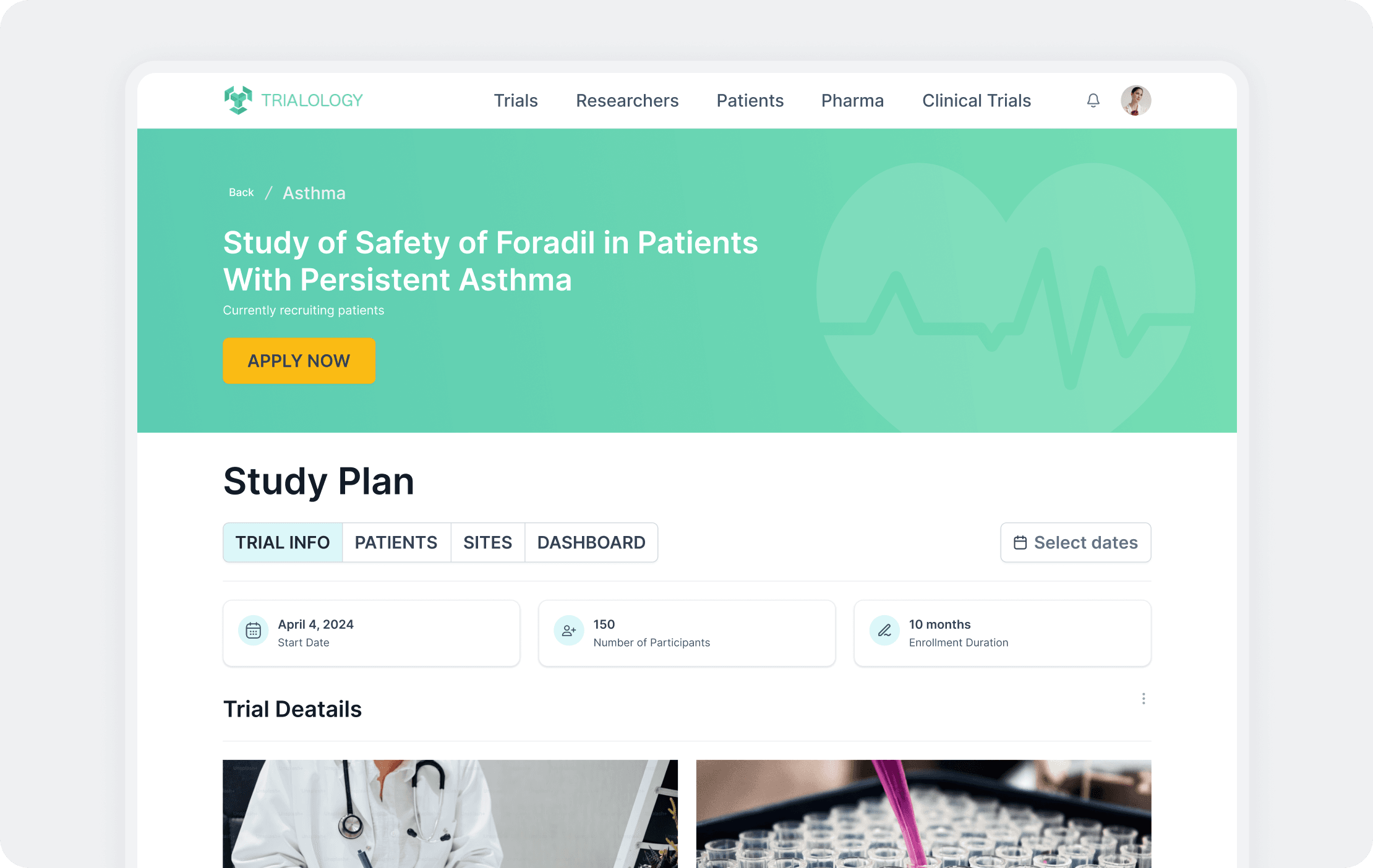 Trialology MVP interface designed by Honeycomb Software