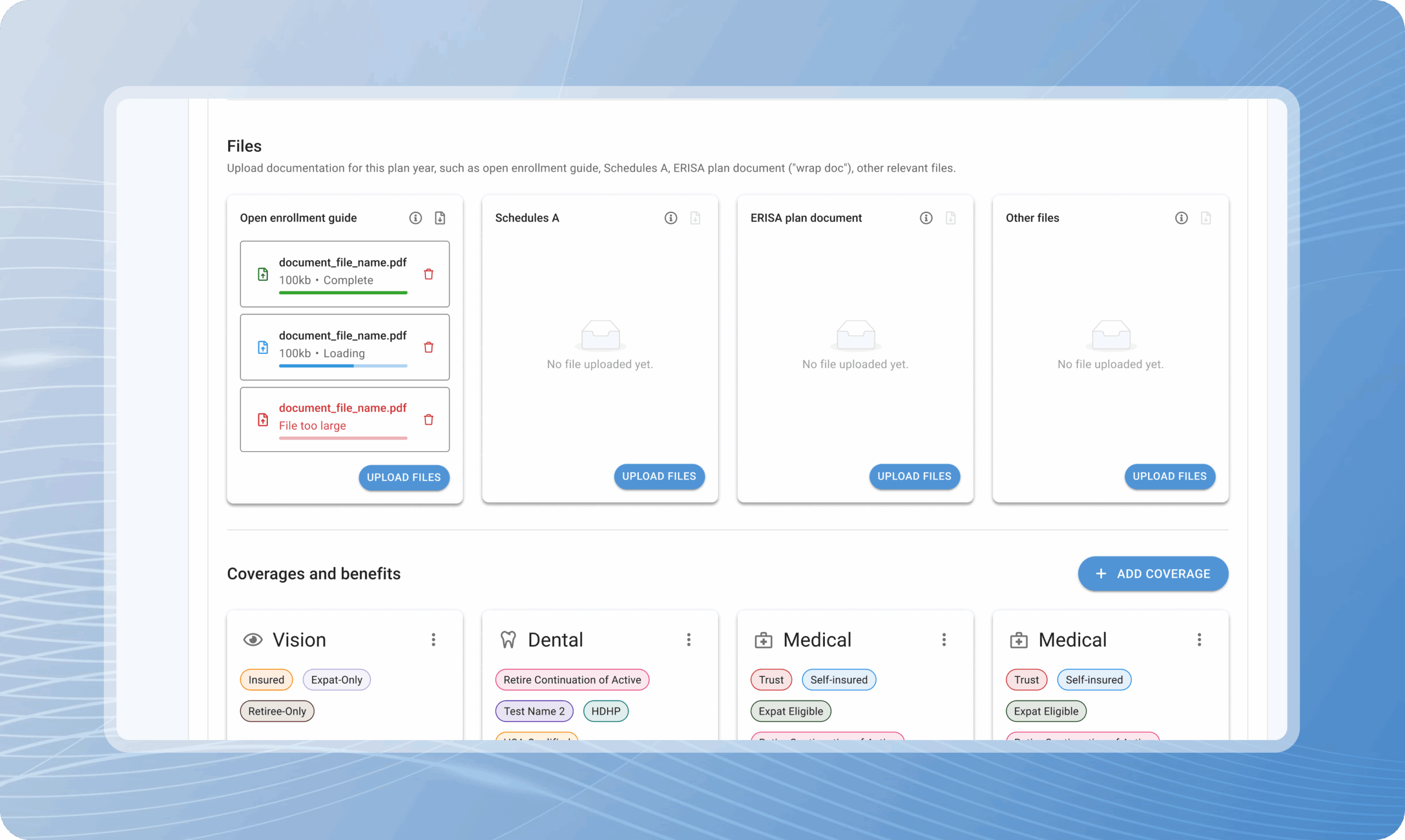 ERISAfire interface showing plan file uploads, document management, and insurance coverage and benefits configuration