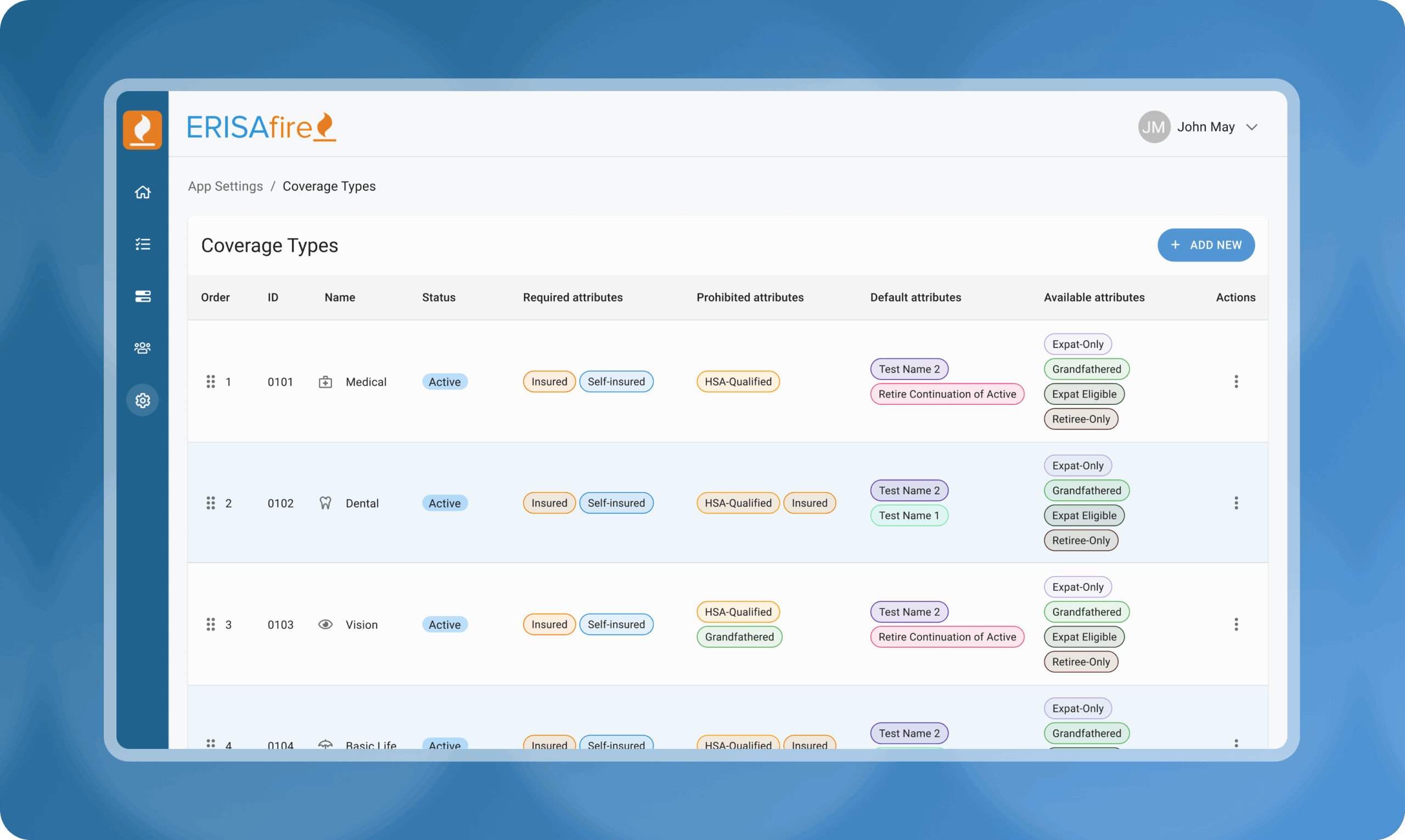 ERISAfire Coverage Types interface showing medical, dental, and vision coverage configurations with attributes and compliance settings