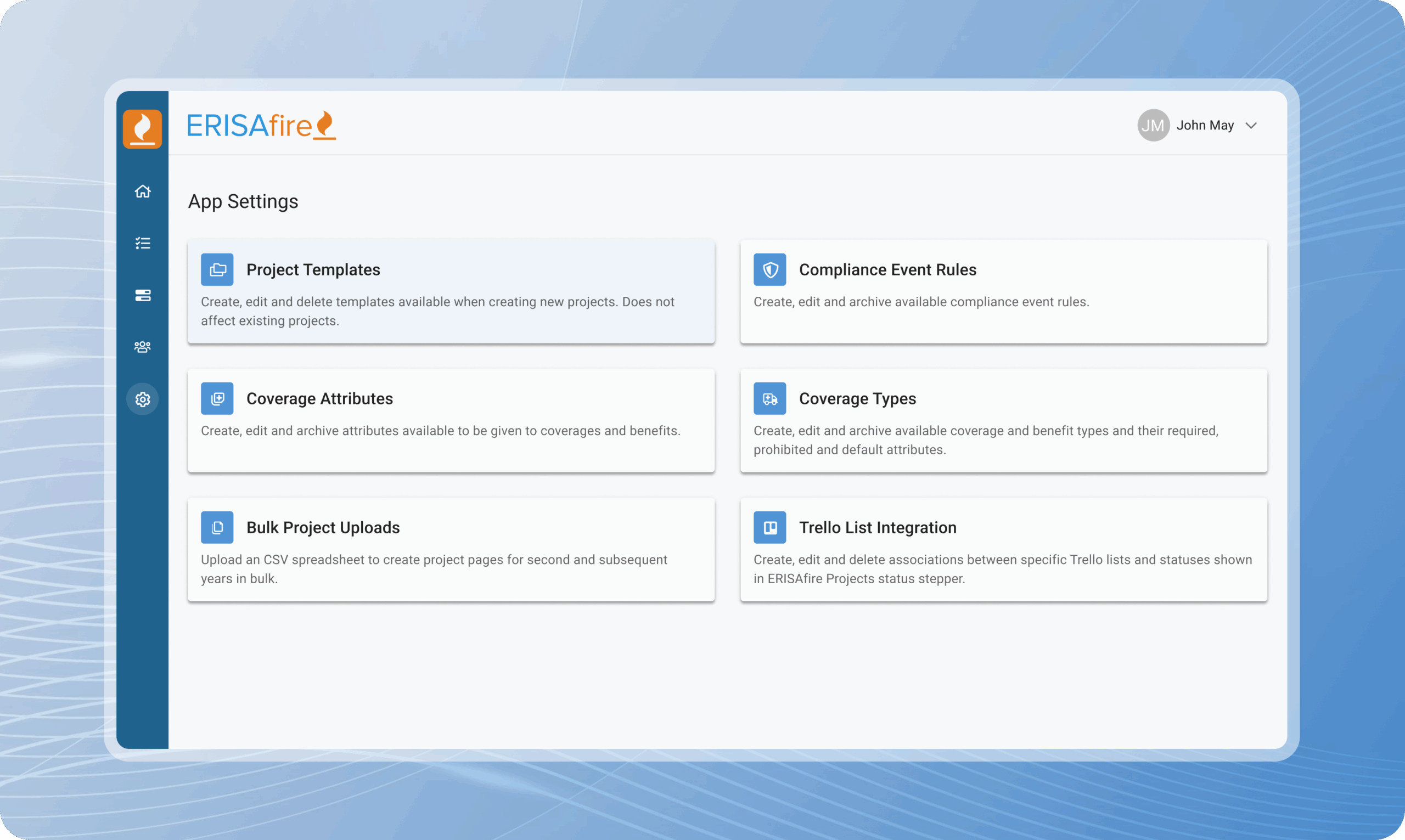 ERISAfire App Settings interface showing project templates, compliance event rules, coverage attributes, coverage types, bulk uploads, and Trello integration