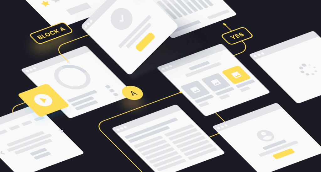 An abstract visual of interconnected UI screens, blocks, and navigation flows, representing the structure and testing of a B2B communication platform interface.