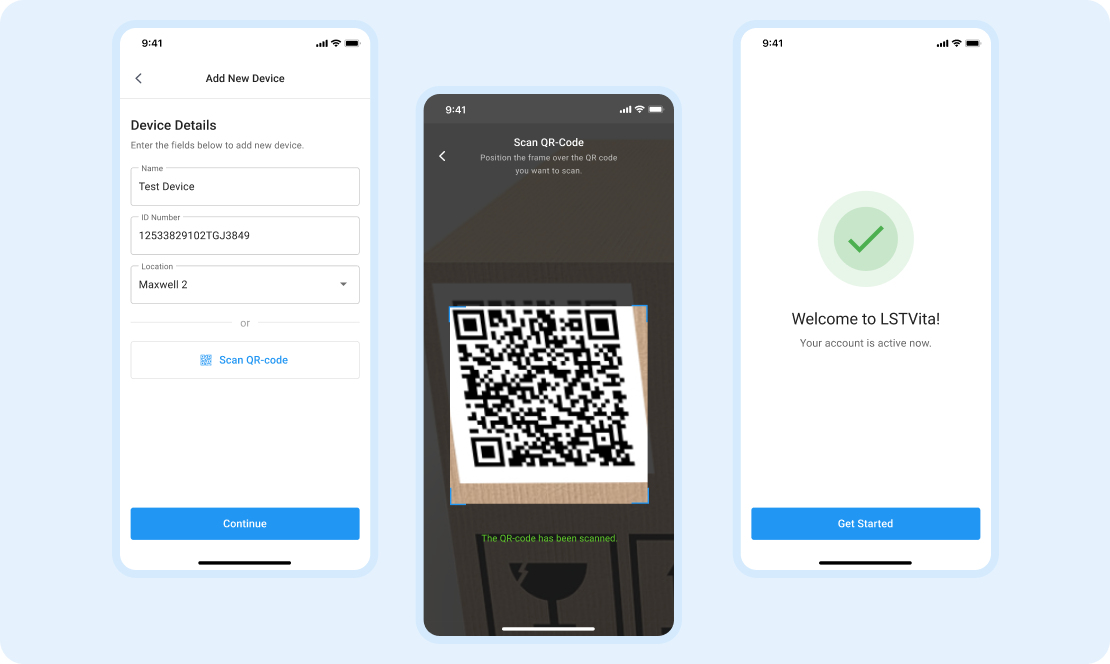 LoneStar Tracking app showing device setup form, QR code scan, and successful onboarding screen