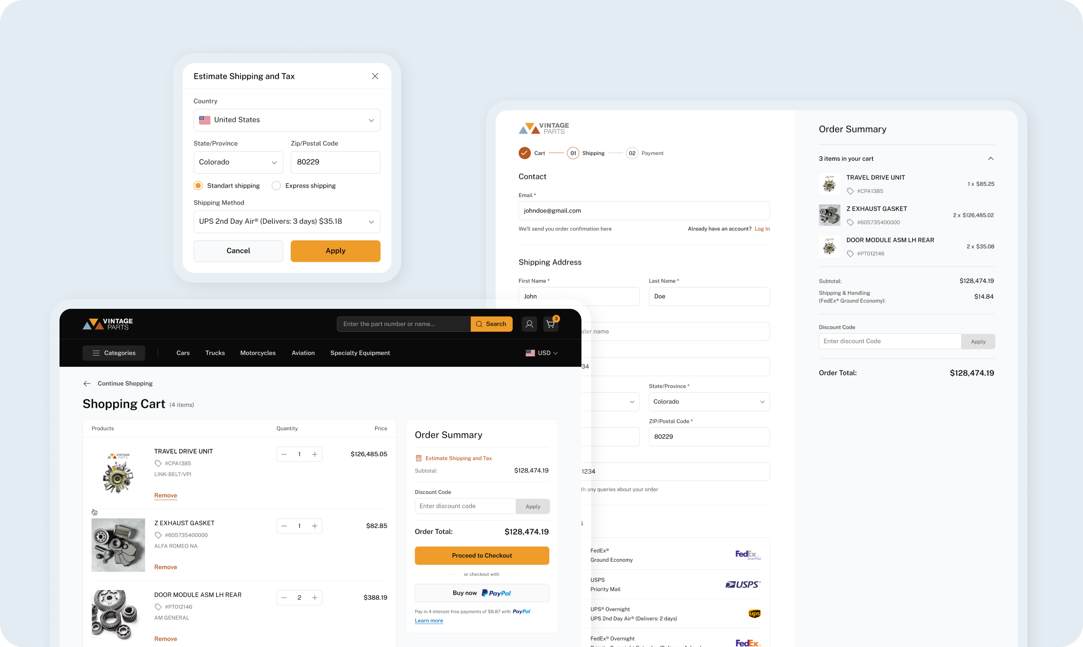 Checkout flow with shopping cart summary, shipping estimate, and order total for Vintage Parts ecommerce platform