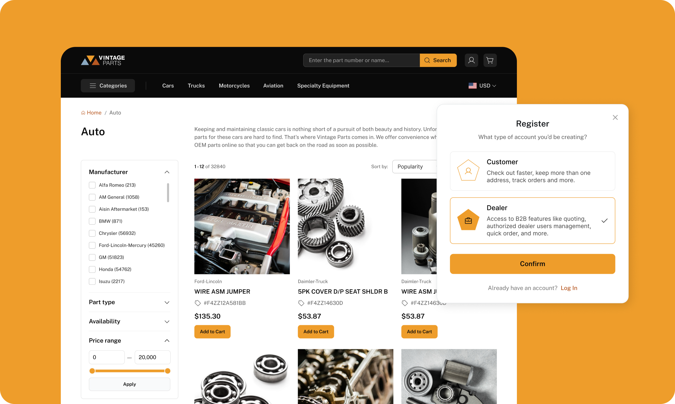 Vintage Parts desktop UI showing product categories, filters, and dealer/customer registration modal