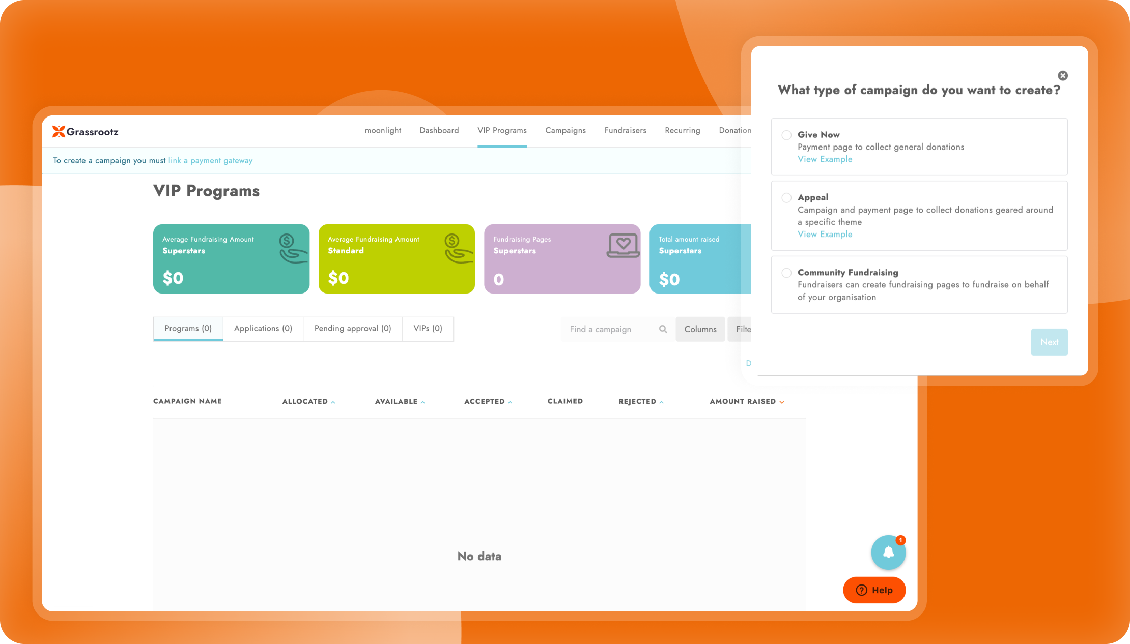 Interface of VIP Programs section in Grassrootz with campaign creation options and fundraising statistics