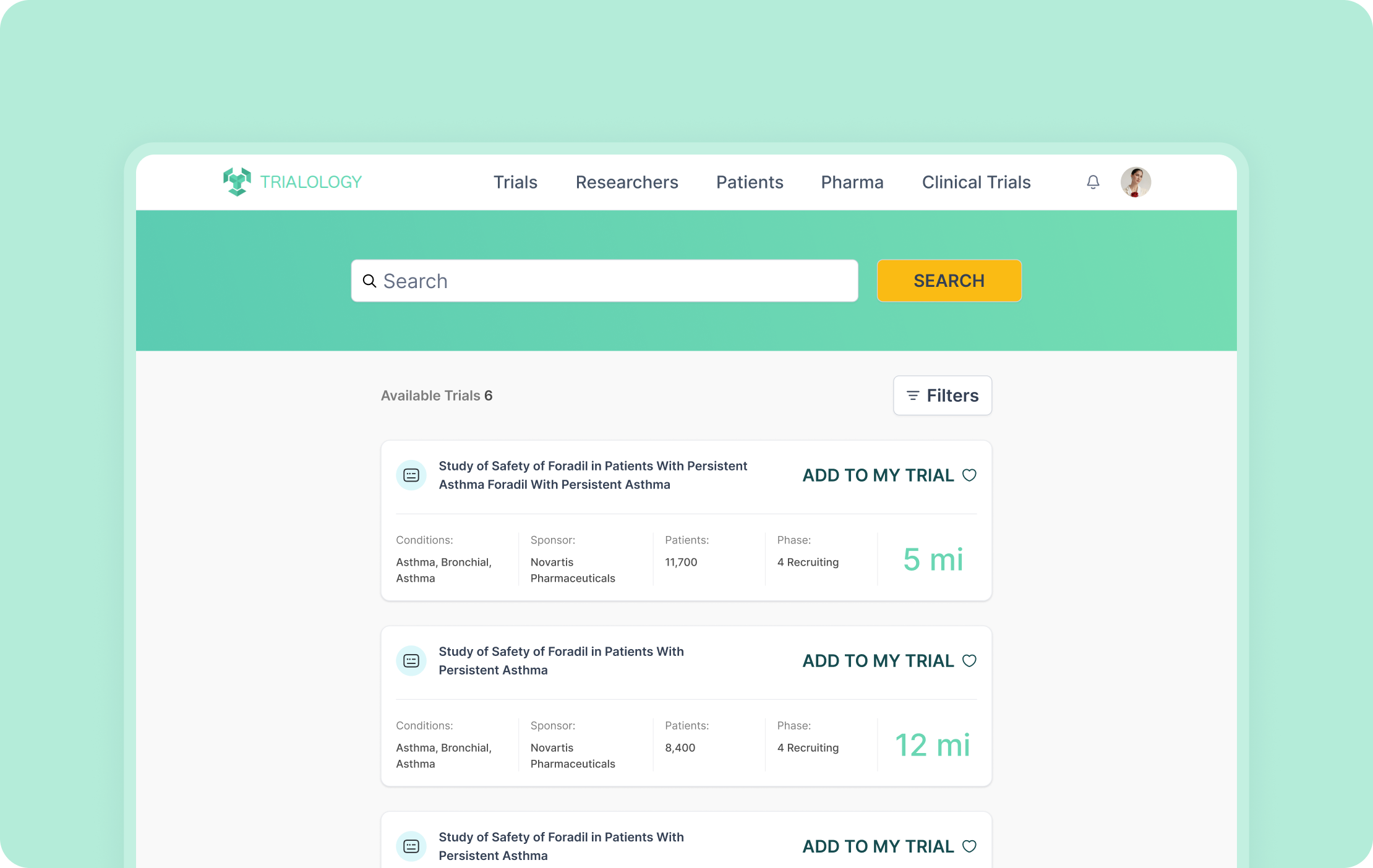 Trialology’s clinical trial search interface
