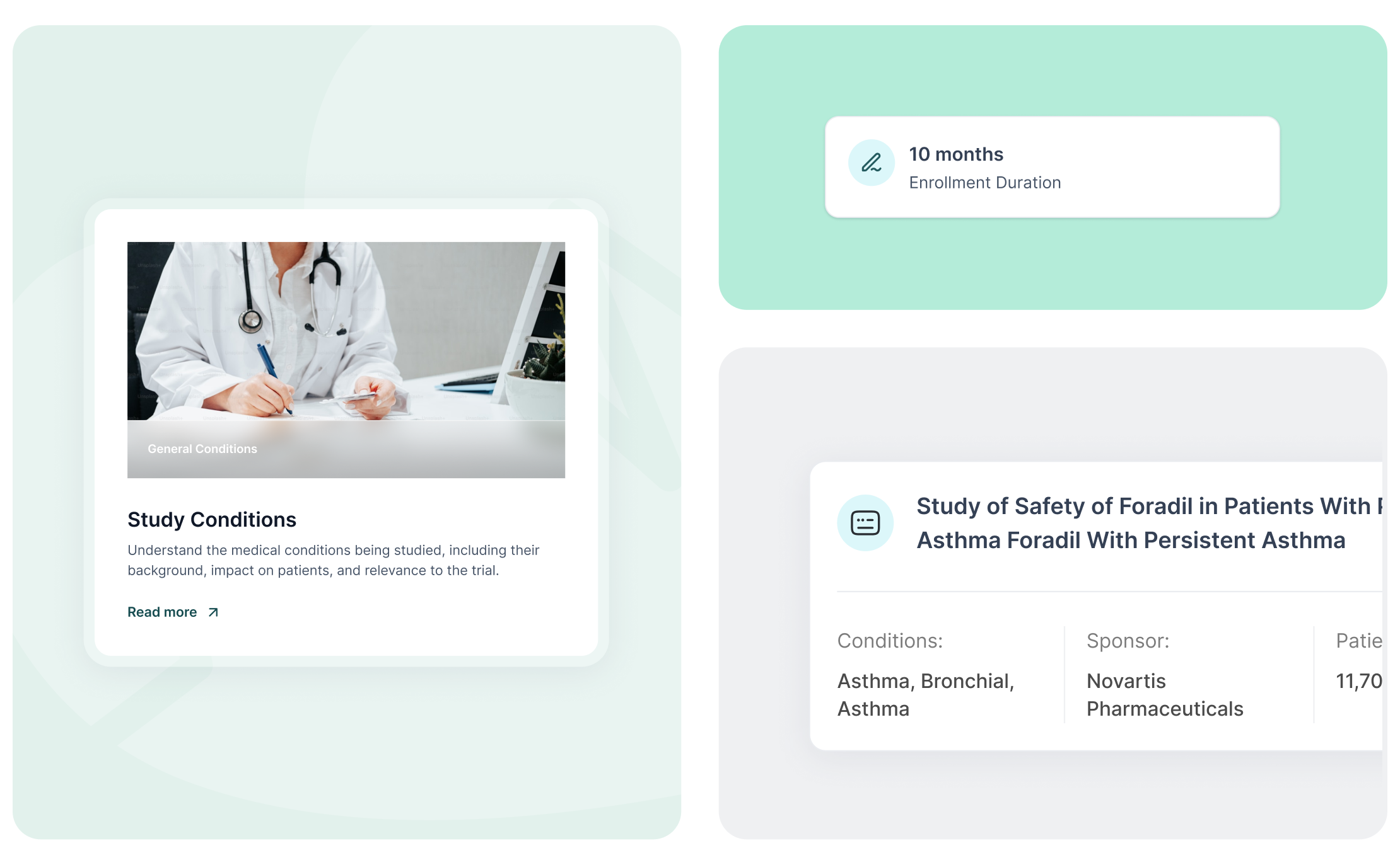 Composite UI showing a clinical trial study card