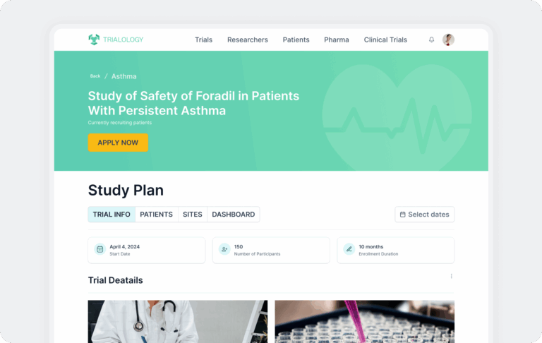 Trialology MVP interface designed by Honeycomb Software