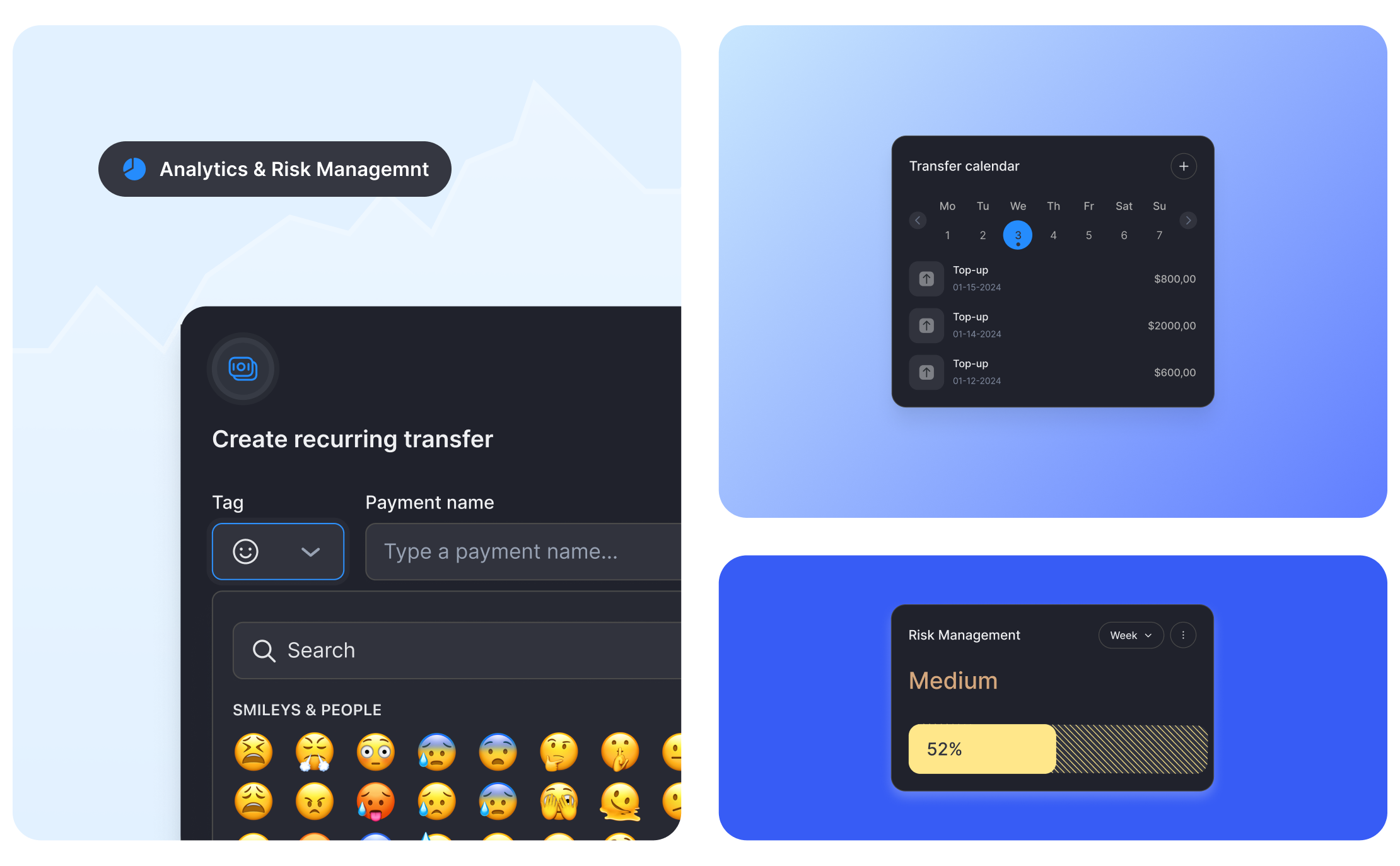 UI screens showing recurring payment setup, transfer calendar, and weekly risk management dashboard