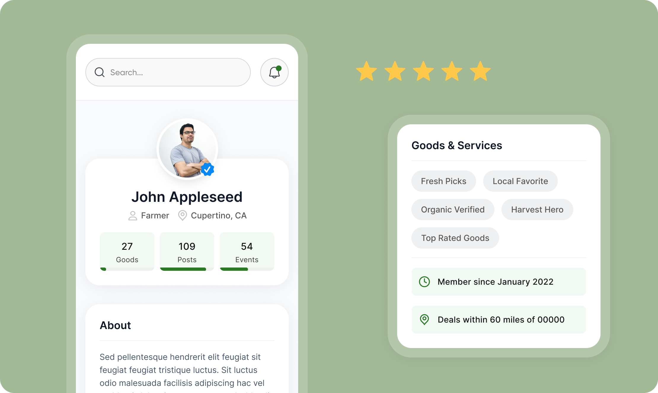 Farmer profile UI showing user activity, ratings, services offered, and membership details on MyFarmersPlus