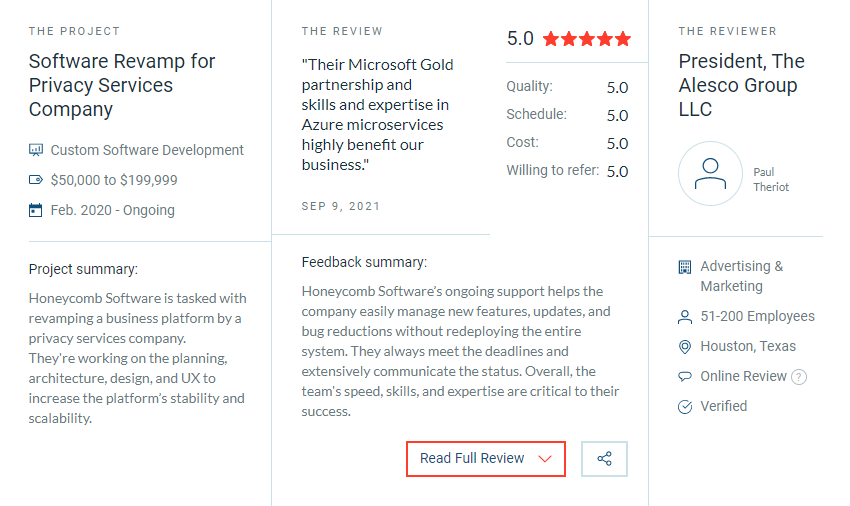 Image 24 - Honeycomb Software obtains addition to its catalog of 5-star reviews on Clutch