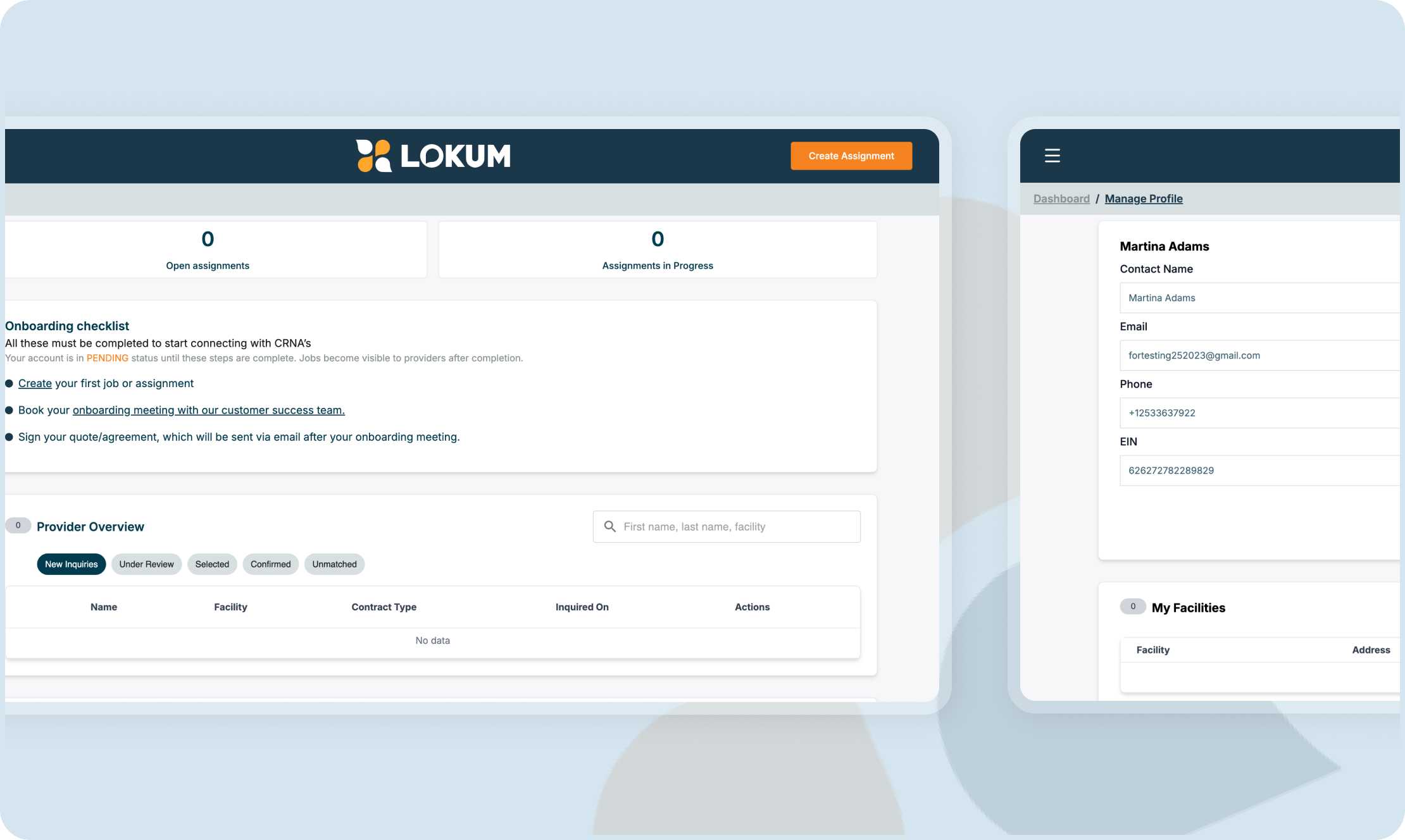 Lokum SaaS healthcare dashboard showing onboarding steps and provider profile settings