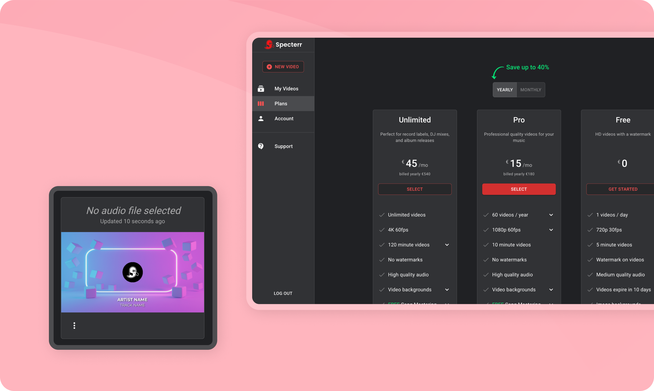 Specterr pricing plans UI for Free, Pro, and Unlimited tiers, with video upload preview interface