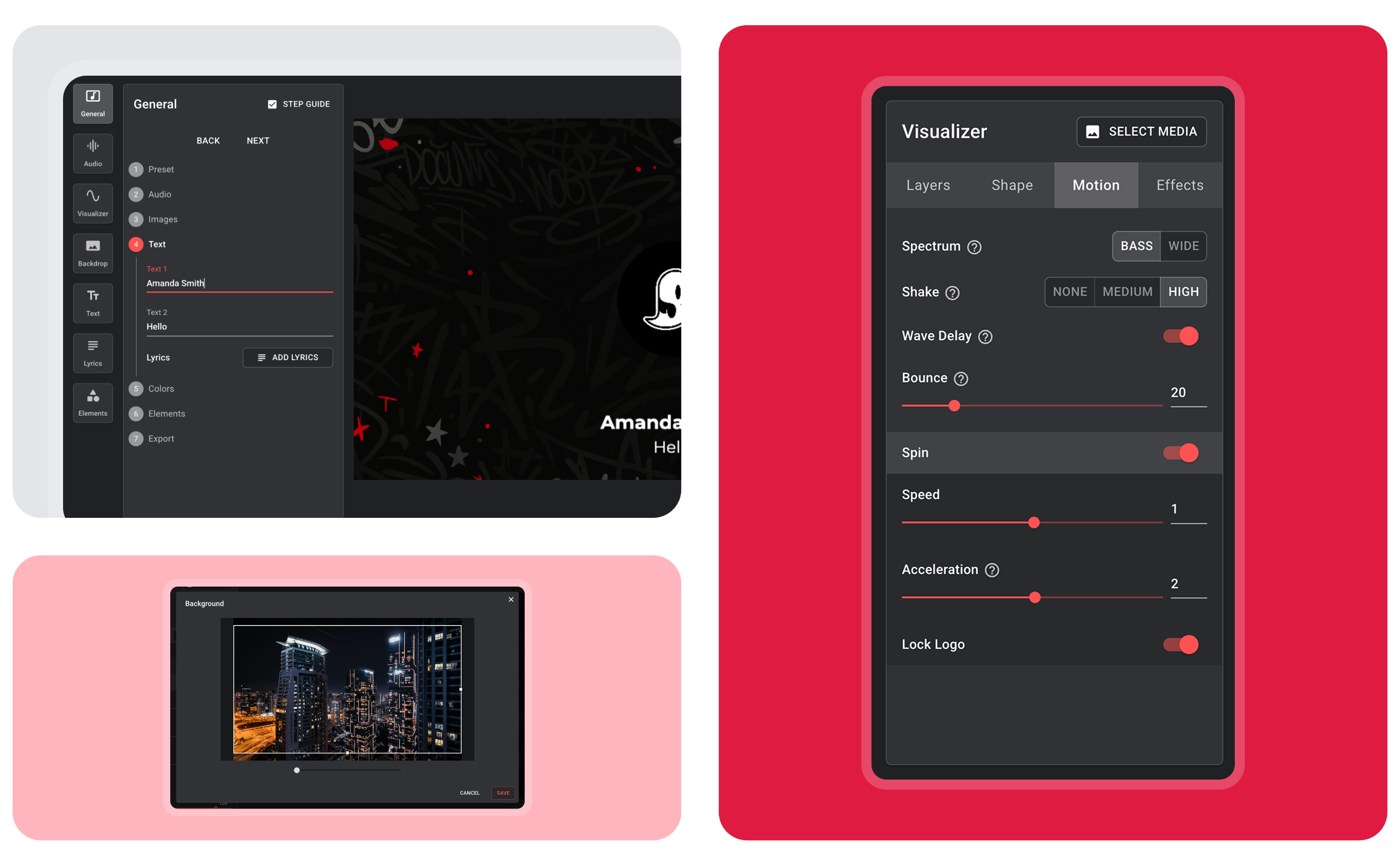 Specterr visualizer settings panel for customizing spectrum, shake, spin, and motion effects for music videos